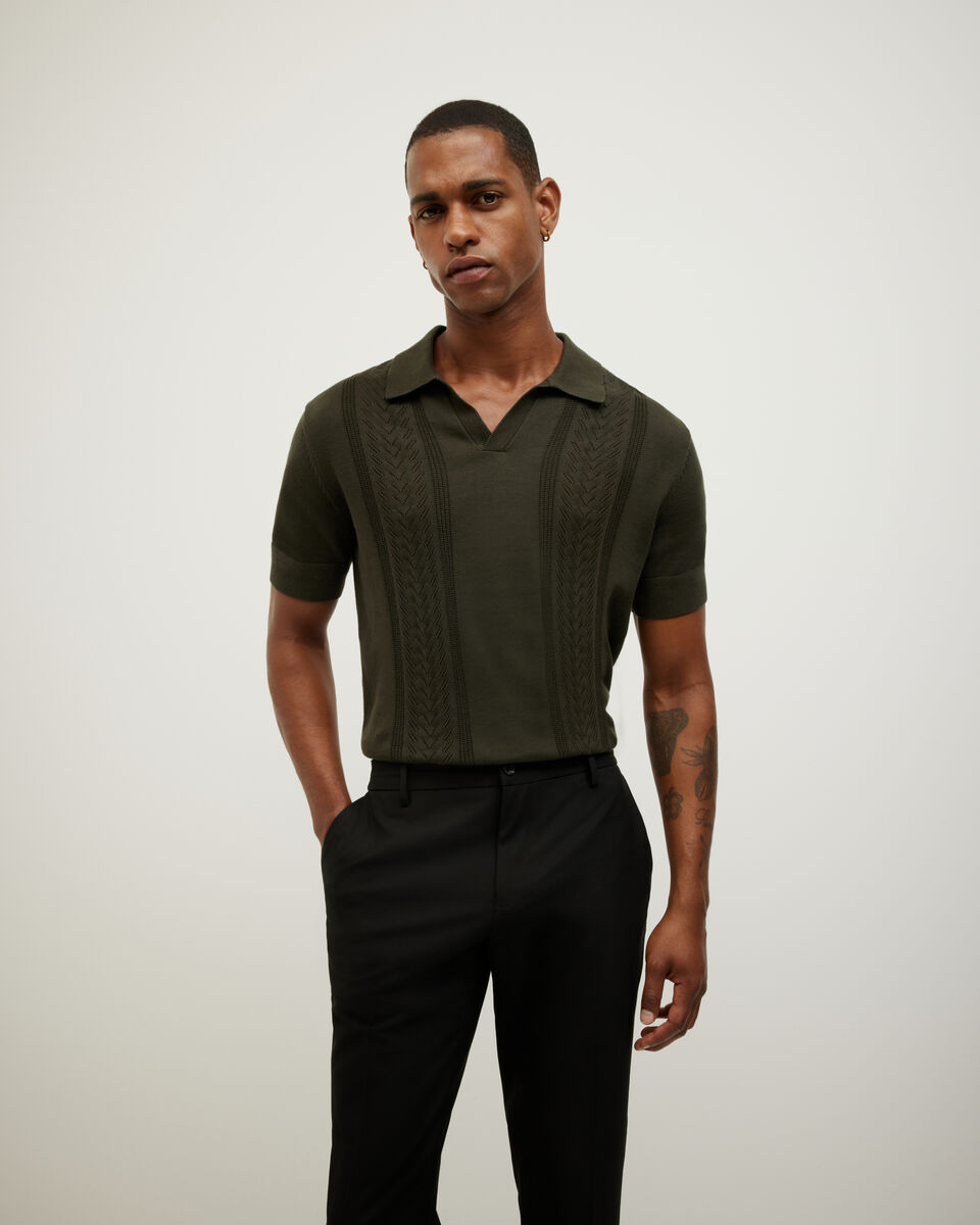 Pointelle Panelled Trophy Neck Knit, Khaki, hi-res